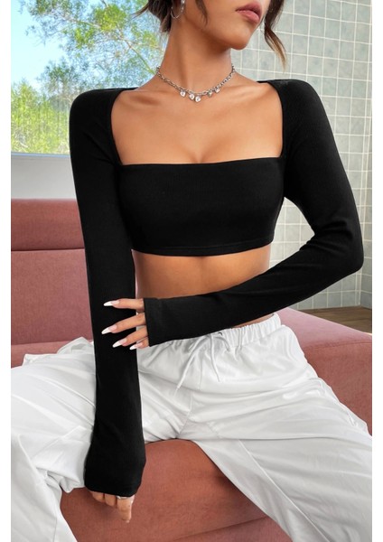 Marsilyan- Kadın Siyah Uzun Kol Göğüs ve Sırt Dekolteli Crop Top Bluz modelleri