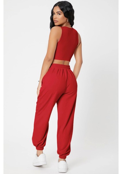 Marsilyan- Kadın Kırmızı Kaşkorse Cepli Jogger Eşofman Altı ve Crop Top Bluz fiyatları