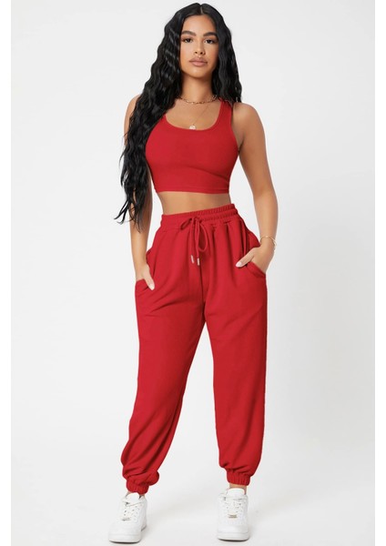 Marsilyan- Kadın Kırmızı Kaşkorse Cepli Jogger Eşofman Altı ve Crop Top Bluz indirimleri