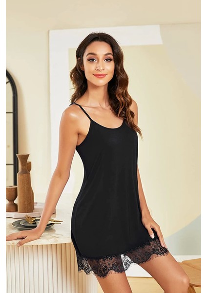 Marsilyan- Kadın Siyah Ip Askılı Dantel Detaylı Gecelik fiyatları
