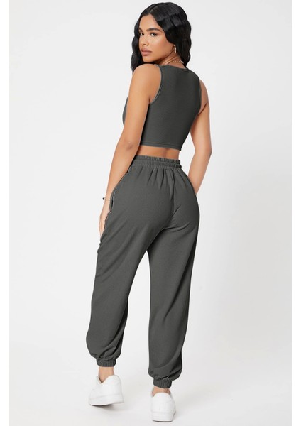 Marsilyan- Kadın Antrasit Gri Kaşkorse Cepli Jogger Eşofman Altı ve Crop Top Bluz fiyatları