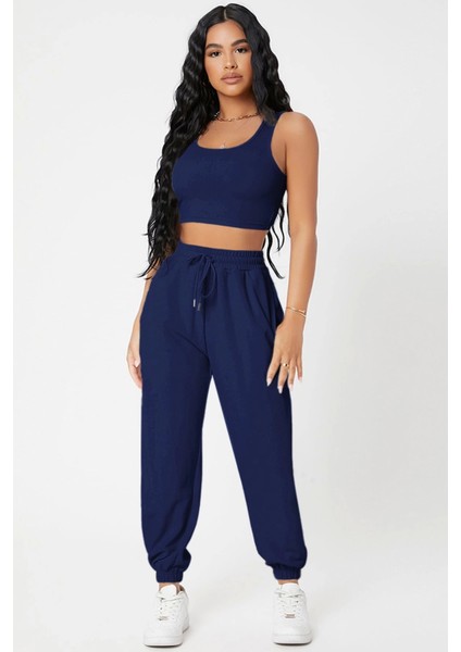 Marsilyan- Kadın Lacivert Kaşkorse Cepli Jogger Eşofman Altı ve Crop Top Bluz