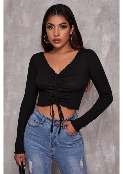 Marsilyan- Kadın Siyah Uzun Kollu Büzdürme Bağcık Detaylı Crop Top Bluz