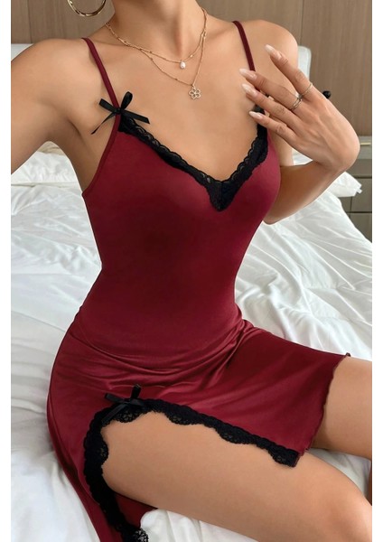 Marsilyan- Kadın Bordo Bacak Yırtmaçlı Siyah Dantelli ve Fiyonklu Şık Gecelik indirimleri