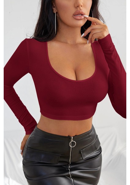 Marsilyan- Kadın Bordo Uzun Kol Kare Yaka Crop Top Bluz