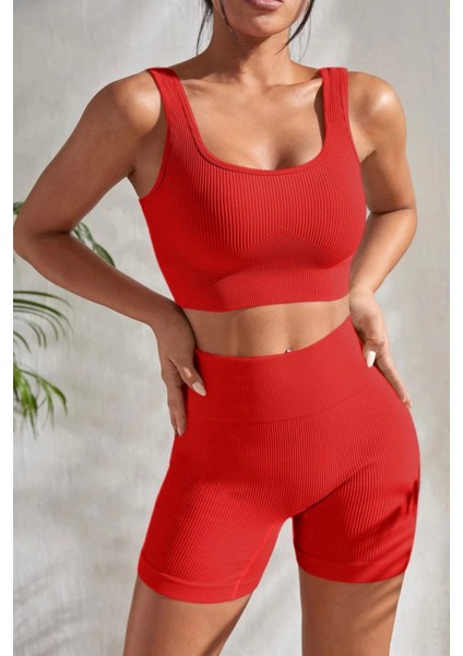 Marsilyan- Kadın Kırmızı Kalın Askılı Yüksek Bel Şortlu Gecelik Takımı