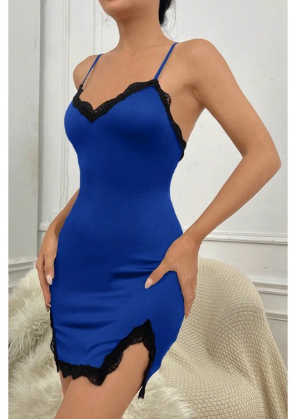 Marsilyan- Kadın Mavi Göğsü ve Bacakları Dantelli Yırtmaçlı Şık Gecelik modelleri