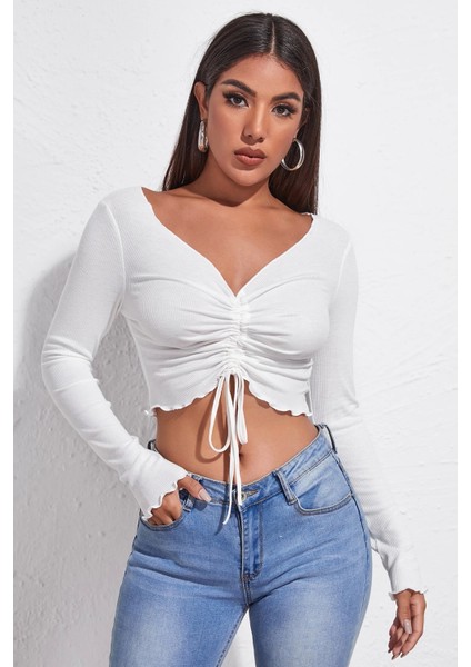 Marsilyan- Kadın Beyaz Uzun Kollu Büzdürme Bağcık Detaylı Crop Top Bluz