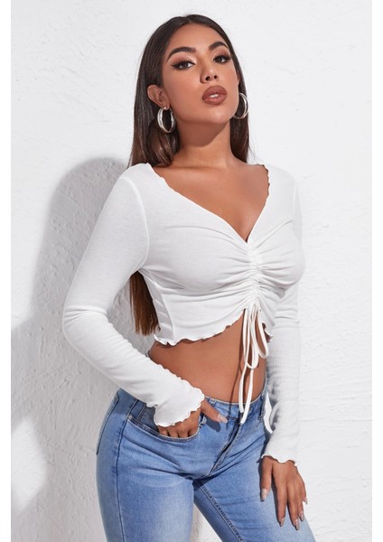 Marsilyan- Kadın Beyaz Uzun Kollu Büzdürme Bağcık Detaylı Crop Top Bluz modelleri