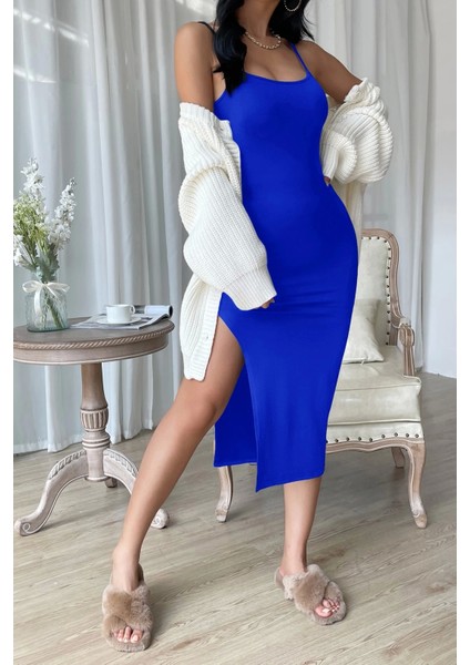 Marsilyan- Kadın Mavi Yırtmaçlı Diz Altı Vücüdu Saran Gecelik indirimleri