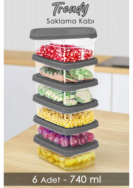 6'lı Gri Dikdörtgen Saklama Kabı, Mikrodalga Uyumlu, 740ML, Organizer Set