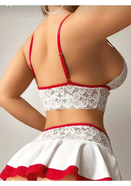 Kadın Beyaz Kırmızı Fantezi Gecelik 5 Parça Jartiyer Takım Beyaz Çoraplı Tangalı Seksi Çeyizlik Giysi Kadın Iç Çamaşırı Takımı Lastikli Dantelli Fantazi İç Giyim Mini Etekli Şık Gecelik indirimleri