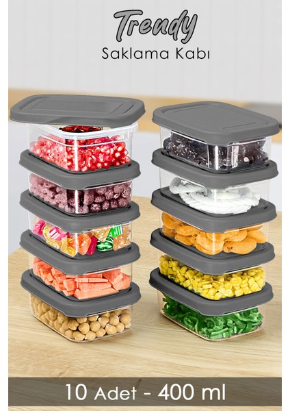 10 Adet Gri Dikdörtgen Saklama Kabı, Mikrodalga Uygun, 400ML, Pratik Organizer Set