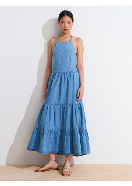 90570 Boyundan Bağlamalı Uzun Denim Elbise-Mavi