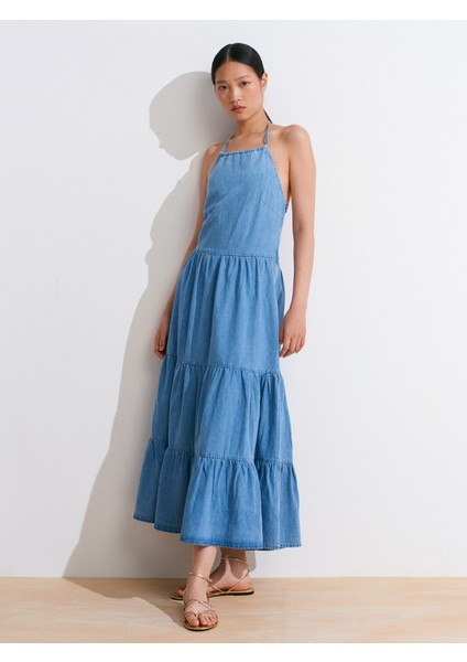 90570 Boyundan Bağlamalı Uzun Denim Elbise-Mavi modelleri