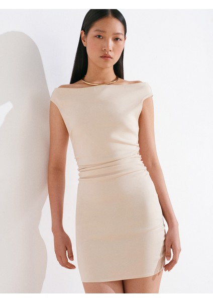 91462 Bardot Mini Elbise-Taş