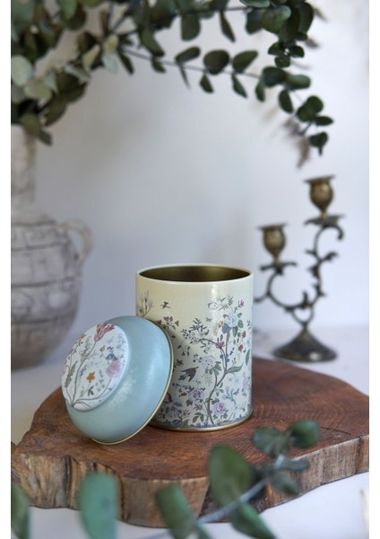 Sarı Desenli Yuvarlak Metal Saklama Kabı, 9X11 Cm, 0,6 Lt