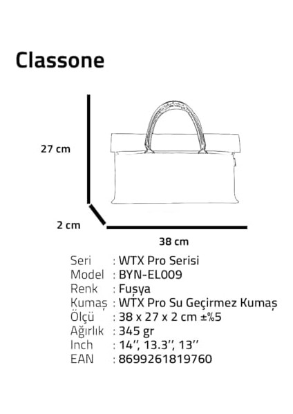 BYN-EL009 Wtxpro Su Geçirmez Kumaş 13-14 Inch Bayan Laptop, Notebook, Macbook Air El Çantası- Tote Bag- Fuşya modelleri
