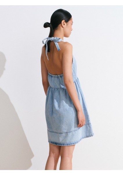 90571 Önü Büzgülü Mini Denim Elbise-Mavi fiyatları