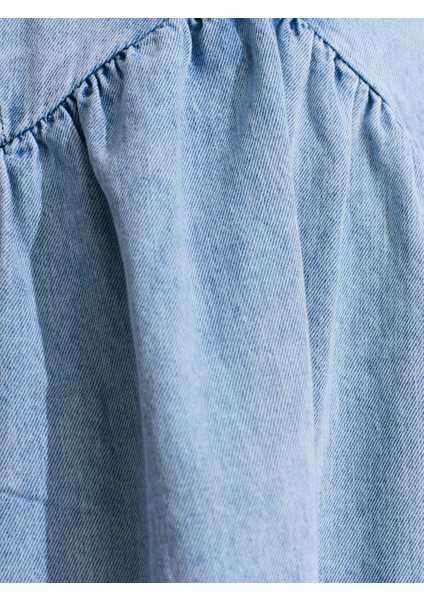 90571 Önü Büzgülü Mini Denim Elbise-Mavi fırsatları