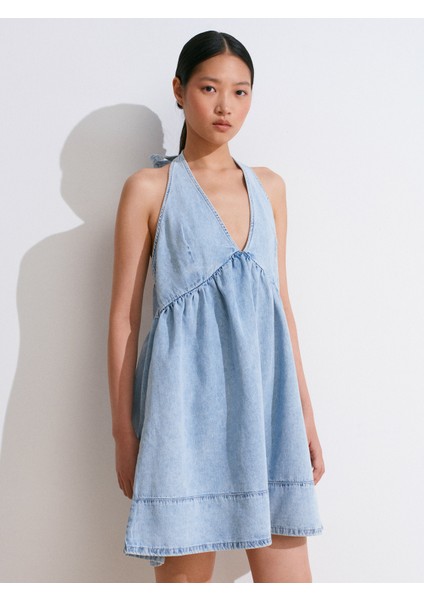 90571 Önü Büzgülü Mini Denim Elbise-Mavi indirimleri