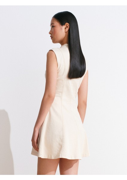 90569 V Yakalı Likralı Denim Elbise-Ekru fiyatları