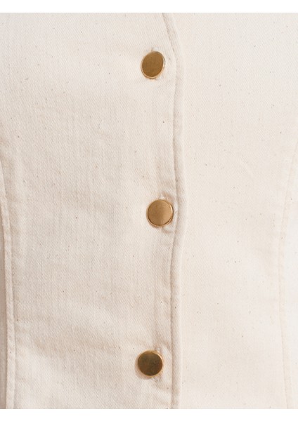 90569 V Yakalı Likralı Denim Elbise-Ekru fırsatları