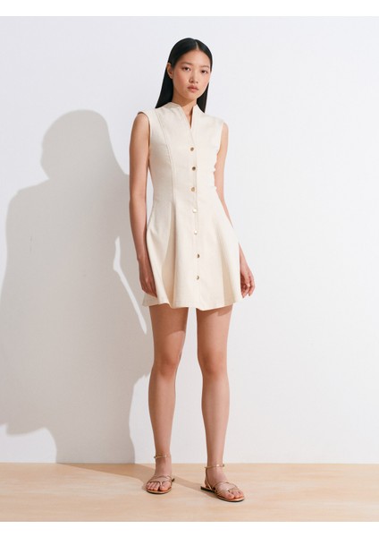 90569 V Yakalı Likralı Denim Elbise-Ekru indirimleri