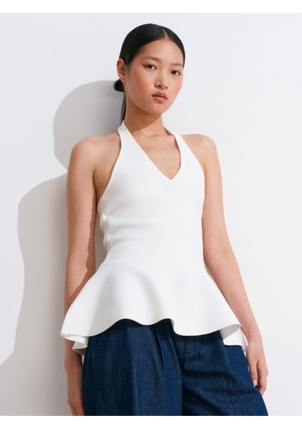 10785 Halter V Yaka Peplum Triko Bluz-Beyaz