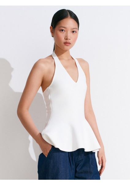 10785 Halter V Yaka Peplum Triko Bluz-Beyaz modelleri