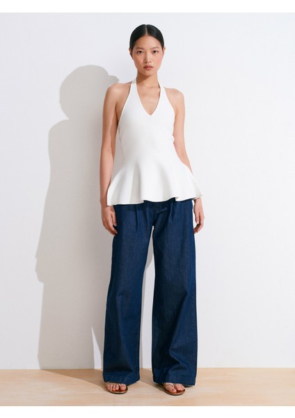 10785 Halter V Yaka Peplum Triko Bluz-Beyaz indirimleri