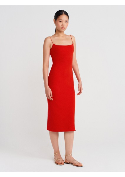91495 Askılı Midi Elbise-Kırmızı