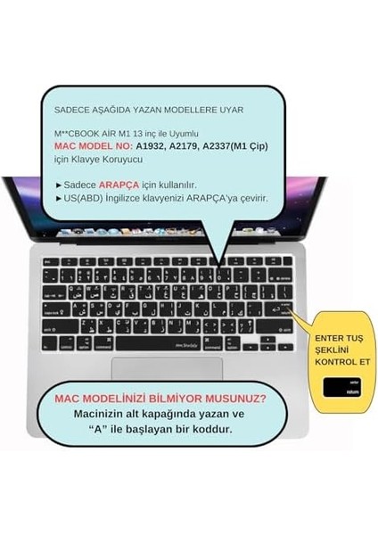 Arapça Klavye Koruyucu Macbook Air M1 13 Inç (Touchıd'li Air) A2337 A2179 Us Enter ile Uyumlu Siyah modelleri