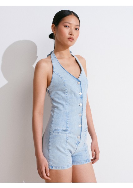 72023 Önü Fletolu Kısa Denim Tulum-Mavi