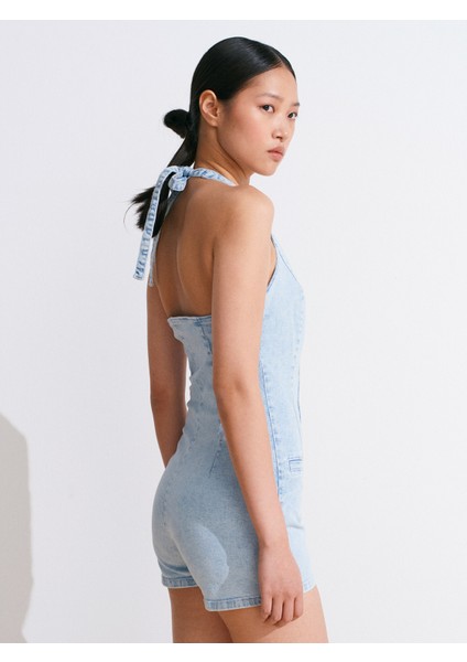 72023 Önü Fletolu Kısa Denim Tulum-Mavi