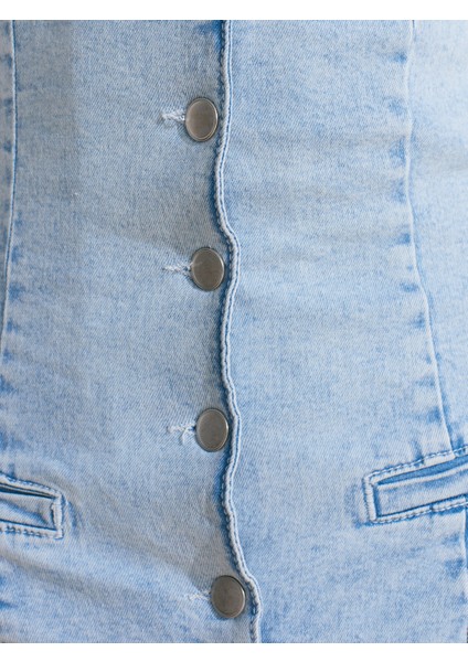 72023 Önü Fletolu Kısa Denim Tulum-Mavi