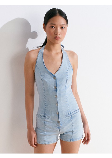 72023 Önü Fletolu Kısa Denim Tulum-Mavi