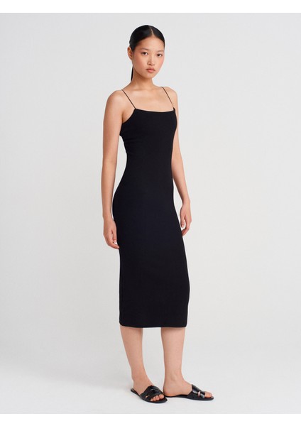 91495 Askılı Midi Elbise-Siyah