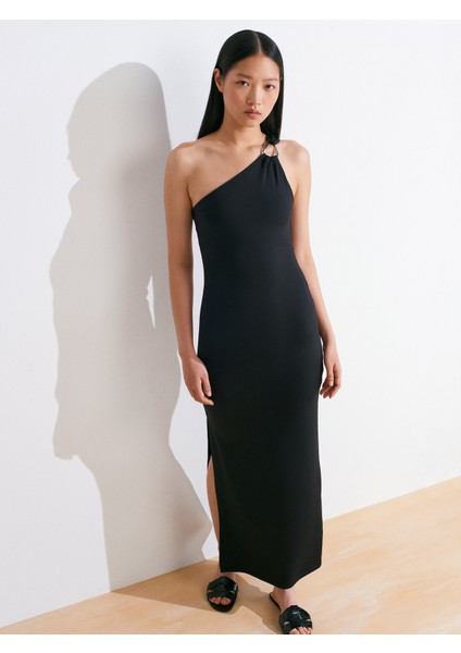 91494 Aksesuar Detaylı Uzun Elbise-Siyah