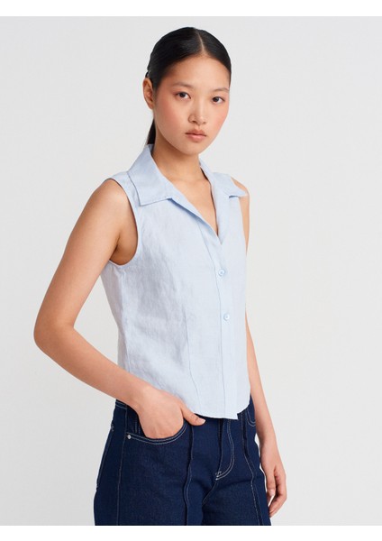 50511 Keten Kolsuz Gömlek-Mavi