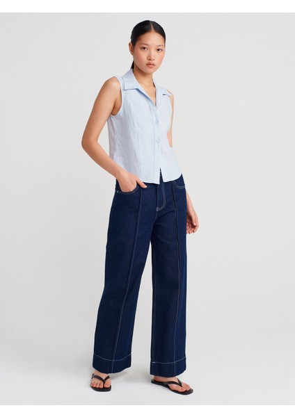 50511 Keten Kolsuz Gömlek-Mavi modelleri