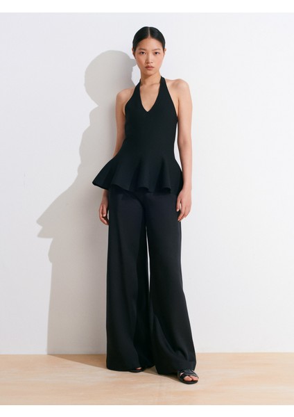 72145 Dökümlü Palazzo Pantolon-Siyah