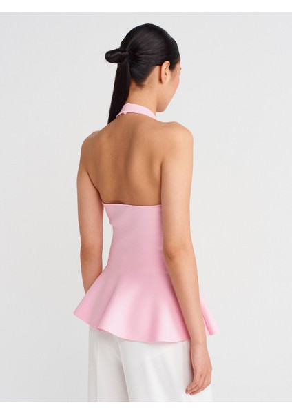10785 Halter V Yaka Peplum Triko Bluz-Pembe fiyatları