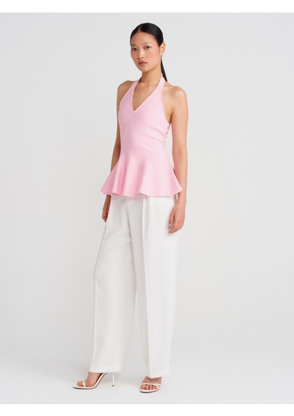 10785 Halter V Yaka Peplum Triko Bluz-Pembe modelleri