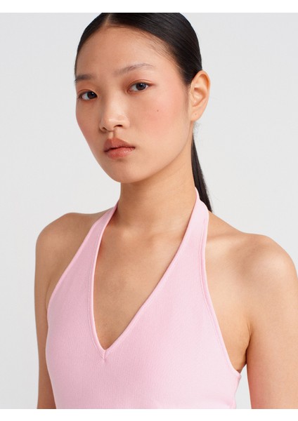 10785 Halter V Yaka Peplum Triko Bluz-Pembe fırsatları