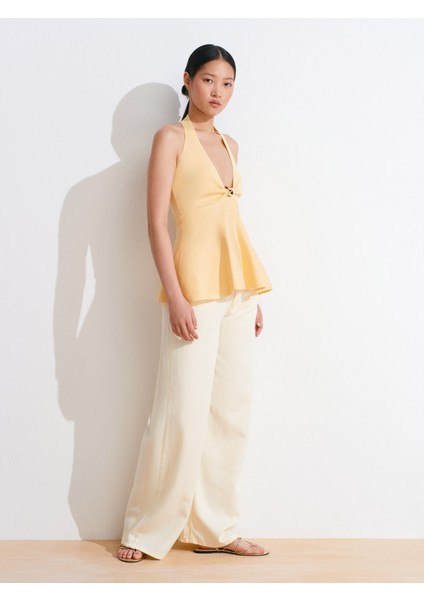 10787 Halter Yaka Metal Detaylı Peplum Triko Bluz-Sarı modelleri