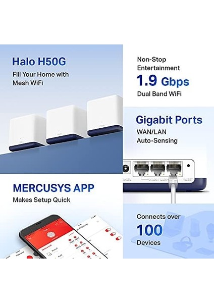 Halo H50G(3-PACK), AC1900MBPS, Dual-Band, Gigabit Portları, 100'E Kadar Cihaz Bağlanabilir, 550 M²'ye Kadar Kapsama, Akıllı Bağlantı, Mobil Uygulama ile Kolay Kurulum, Wi-Fi 5 Mesh Sistemi fiyatları