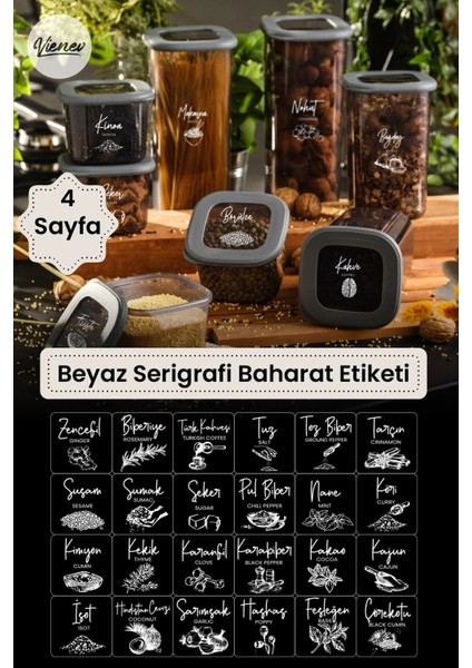4 Adet Beyaz Serigrafi Baharat Etiketi, Şık ve Kullanışlı Ürün Seti
