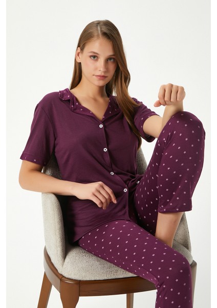 Kadın Jayla Viskon Yıldız Desen Ön Düğmeli Kısa Kol Mürdüm Alt Üst Pijama Takımı