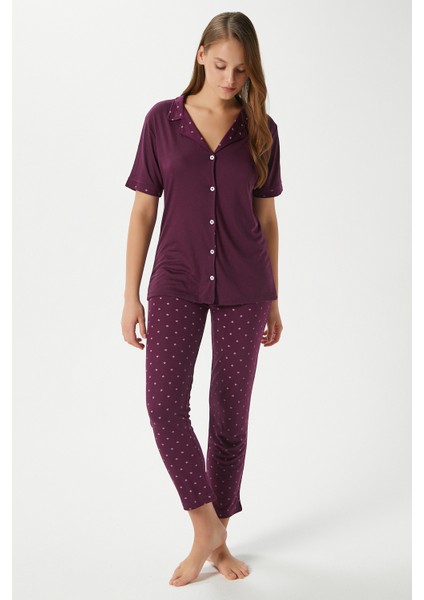 Kadın Jayla Viskon Yıldız Desen Ön Düğmeli Kısa Kol Mürdüm Alt Üst Pijama Takımı